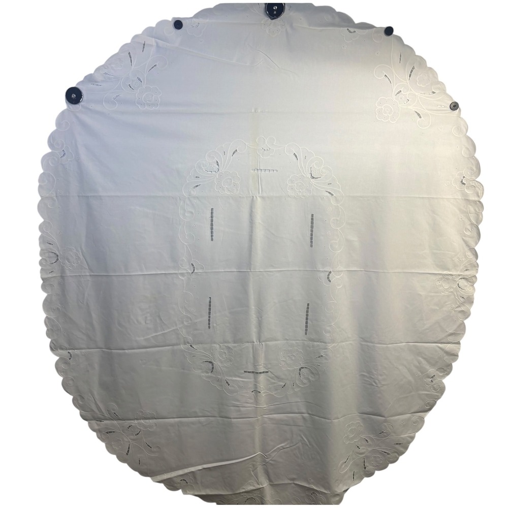 Vtg White Linen Cotton Round Tablecloth Hand Embroidered Floral Cutwork Scallop